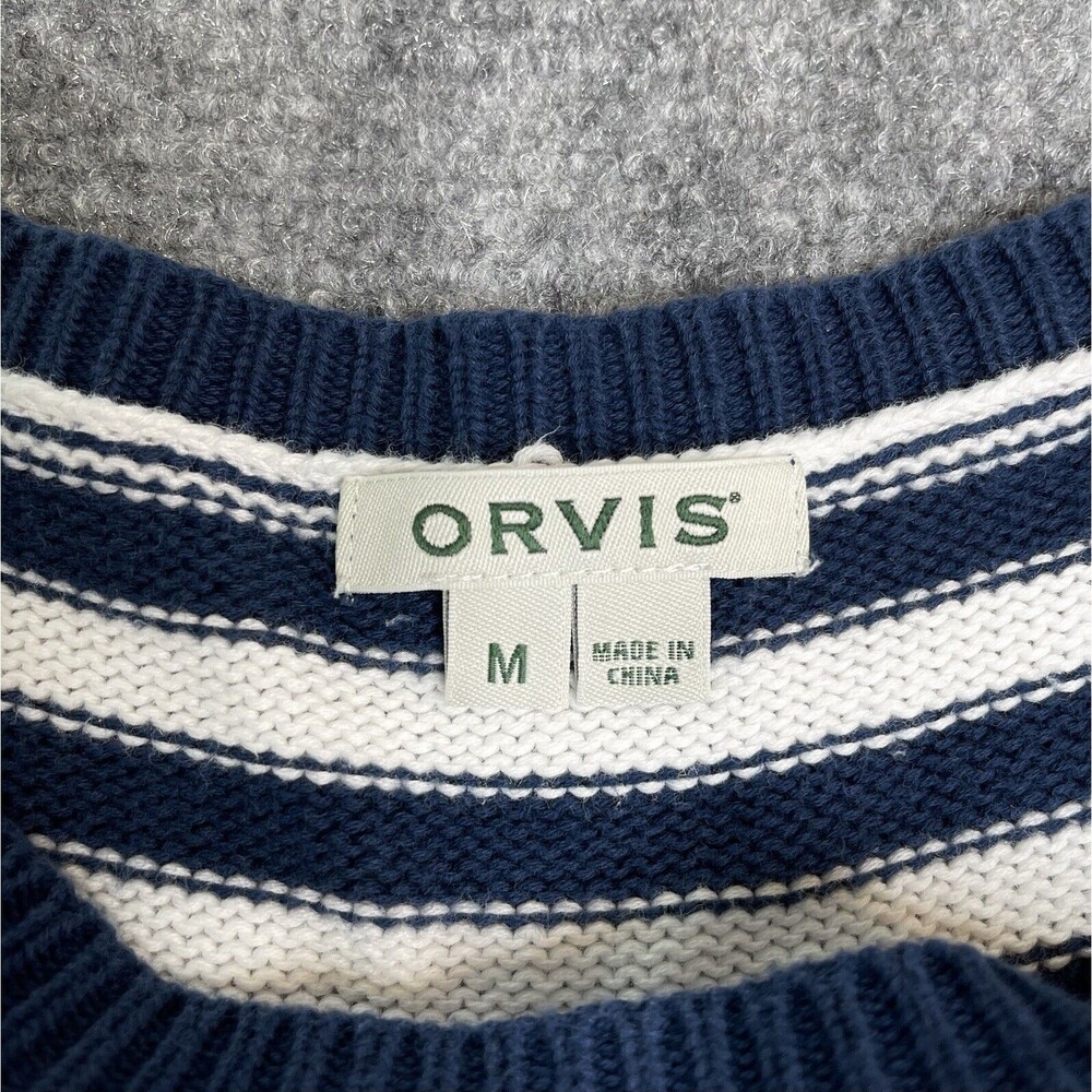 Orvis Sweater Womens Medium Navy Striped Scalloped Hem Button Accent Cotton - Picture 3 of 10